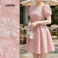 Lovito Gaun Elegan Jacquard Berkancing Berlipat Musim Semi/Panas Merah Muda untuk Wanita L138ED340