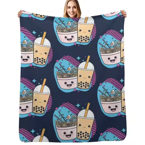 Kawaii Ramen And Boba Tea Throw Blanket Shaggy Decoratives Winter beds Moving Blanket