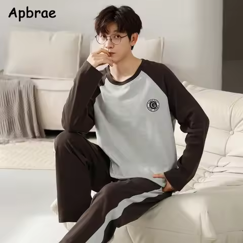 Autumn Winter Men Cotton Pajamas Long Sleeves Long Pants O-neck Pajama Plus Size L-3XL Sleepwear Fas