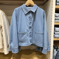 UNIQLO เสื้อแจ็กเก็ตถักแบบลำลองสำหรับสตรี2024สไตล์ญี่ปุ่นเสื้อแจ็คเก็ตแขนยาวกระดุมแถวเดียวแบบสั้นสำห