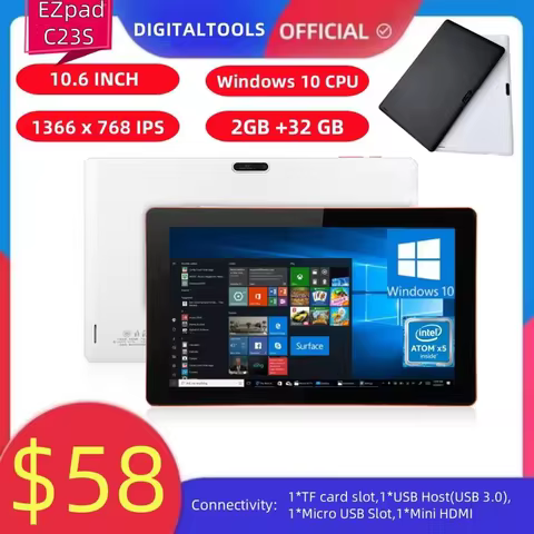 32Bit 10.6" Windows 10 Tablet PC 2GB RAM 32GB ROM X5 Z3735F Quad Core 1.33-GHz 1366 x 768 Pixel WIFI