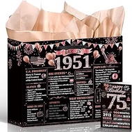 Wxiben 75th Birthday Gift Bag - Rose Gold 75th Gift Bag with Handles Tissue Paper Greeting Card, 75 