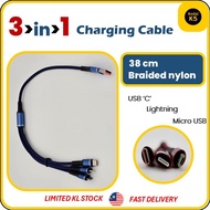 KodaiK5 3 in 1 Convenient 38cm Nylon Braided Charging Cable USB A to USB C, ios compatible and Micro