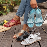 Flat Bohemian Floral Rhinestone Sandals - Comfortable Open-Toe Design for Women | F0Z4