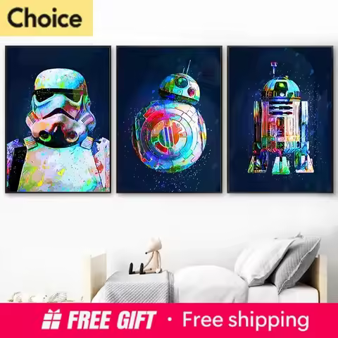 Space Wars Poster Watercolor R2-D2 Prints Sci-Fi Kids Boys Birthday Gift Diamond Painting Robot BB-8