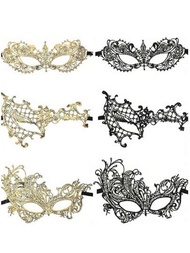 6入組女士假面舞會面具,威尼斯花邊眼罩金色和黑色花邊面具,適用於舞會晚會裝扮派對用品（經典款式）