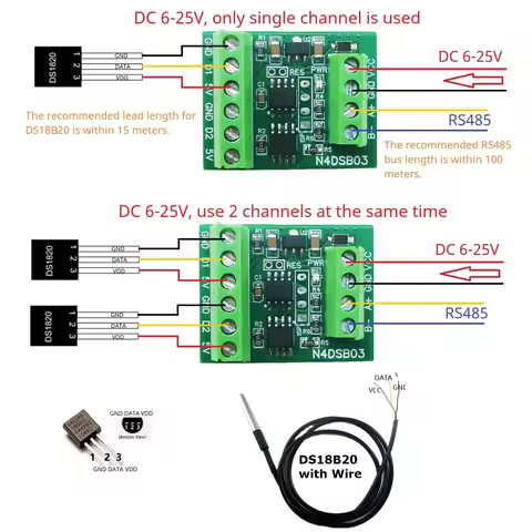 -55 to +125C DS18B20 Sensor 1-2CH RS485 Digital Temperature Collector Module DC 5V 12V 24V for Therm