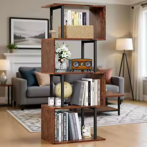 5-Tier S-Shaped Wooden Bookshelf - Rustic Brown Storage Display Rack for Home Office and Living Spac