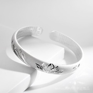 silver bracelet 银手镯  Bracelet Gift  S925足银荷花心经手镯荷花手镯车花手镯时尚磨砂开口镯子饰品手镯   现货  8/25