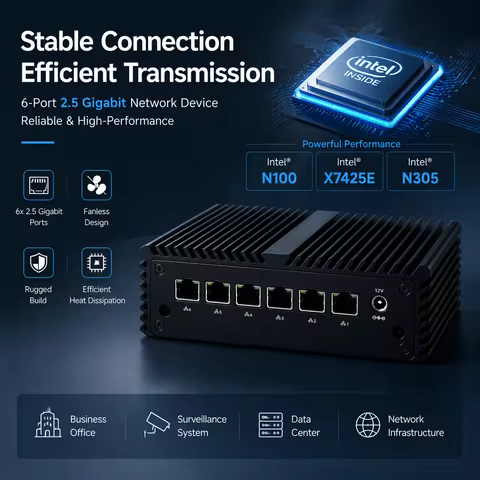 Qotom N100 Mini PC X7425E N305 DDR5 Ram 6 X 2.5G LAN Barebone Firewall Router Home Office Industrial