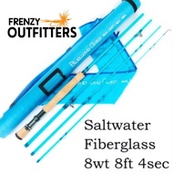 Saltwater fiberglass fly fishing rod blue 8wt 8" 4pcs +carbon rod tube
