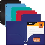 3 Hole Punch Pocket Folders, 10 Pack, Sturdy Plastic 2 Pocket Folders, Assorted Colors, Letter Size,