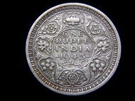 英屬印度銀幣-1945年英屬印度(British India)玫瑰三葉草荊棘花蓮花飾紋壹盧比(last Silver Rupee)銀幣(英皇佐治六世King George VI, Emperor of