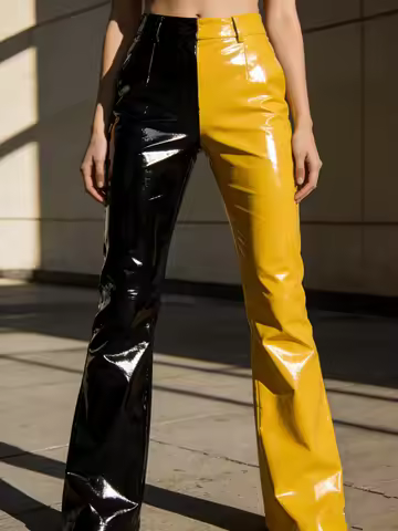 Latex Catsuit Rubber Cool Handsome Unisex Fashionable pants,yellow&black pants Cosplay, no needles o