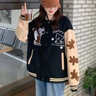 Women's Baseball Jacket - V HAPPY OVERSIZE BASEBALL JACKET - korean style women's varsity jacket