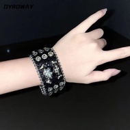 DYROWAY Leather Bracelet, Charms Grunge Skull Gothic Jewelry,  Red Crystal Cross Korean Punk Buckle 