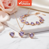 Elegant Purple 5-Piece Alloy Jewelry Set: Hollow Heart Shimmering Zircon Bracelet, Ring, and Earring