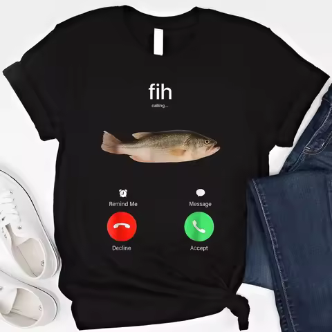 2026 New Funny Fish Meme T-Shirt Fih Calling Graphic Tee Retro Vintage Tee Soft Crew Neck Short Slee