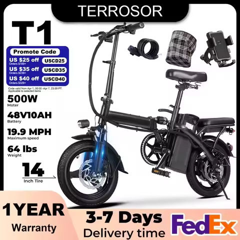 1Year Warranty 500W Adult Electric Bike 20MPH 48V10.4Ah with Dual Disc Brake 14 Inches Folding Elect
