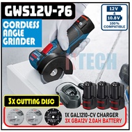 BOSCH GWS12-76V-EC CORDLESS ANGLE GRINDER C/W 1X GAL1210CV CHARGER AND 3X 12V 2.0AH BATTERY (GWS1276