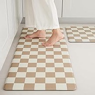Checkered Kitchen Mats for Floor Set of 2, 2 Pcs Beige Khaki Cushioned Non Slip Runner Rugs for Kitc