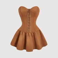 Tie-Front Waist Gathered Hem Bohemian Style Dress,Western Wear Women,Vintage Dresses For Woman,90s O