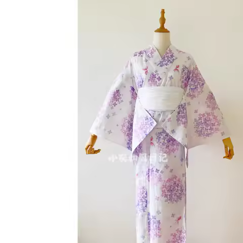 Japanese Cotton Yukata with Hydrangea Print - Traditional Ajisai Pattern Kimono, Full Length 163cm