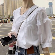 shirt 衬衫  荷叶边娃娃领白色衬衫牛仔半身裙套装女2024百搭小衫两件套潮