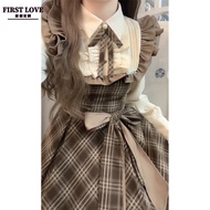 Màu Nâu Cổ Điển Kẻ Caro Cao Vòng Eo Dáng Chữ A Đầm Nữ Mùa Thu Mùa Đông Phong Cách Mới Giả Hai Mảnh D