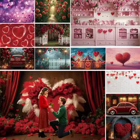 MOON.QG Valentine's Day Romantic Heart Backgrounds For Photographs Red Rose Lighting Backdrop Matern