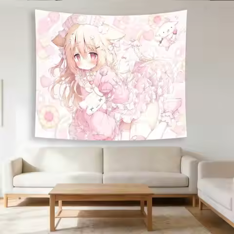 Cute Pink Theme Tapestry - Wall Hanging for Bedroom & Dorm, 2D Anime Character Home Decor