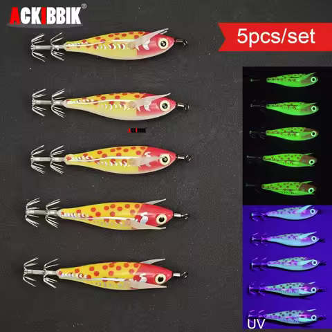 5pcs/set Luminous Squid Jig 8cm Horizontal Eging Set Fishing Lure Glow in Dark UV Cuttlefish Octopus