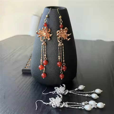 1 pair Retro Long Earring Lycoris Radiata Flower Pendant Ear Hooks Temperament Jewelry Hanfu Cheongs