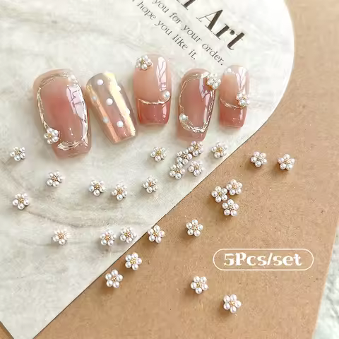 5-Piece Set DIY Nail Art Decoration 3D White Pearl Flowers Nail Drills Diamond Manicure Design