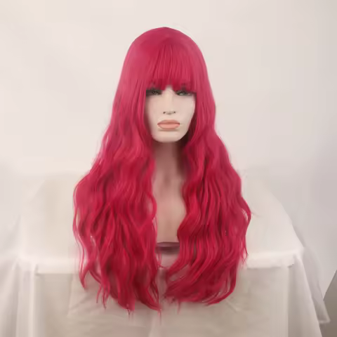 European and American Style Synthetic Rose Red Wig with Bangs for Women, Xuchang Long Curly Hair Big