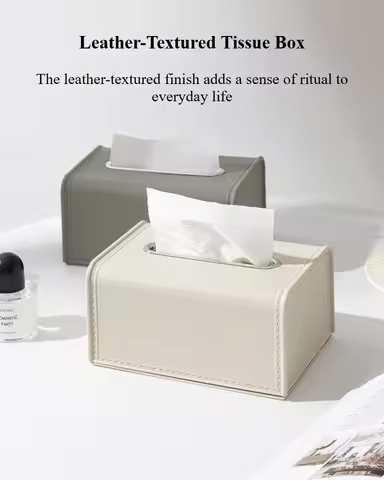 Maillard-Style Tissue Box,Living Room Tissue Holder,Faux Leather-Textured Tissue Box,Spring-Loaded T