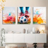 2D Flat 3-Piece Vivid Football Wall Art-Colorful Player Football Design, (Frameless)| Boy's Room, Pl