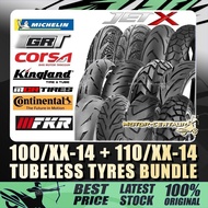 TAYAR CORSA,MICHELIN,FKR,KINGLAND,DELI,MCR,CONTINENTAL,GRT TUBELESS TYRE 100/80,100/90-14+110/80-14 