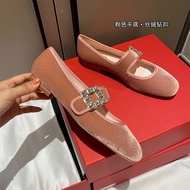 【high quality】original Roger vivierˉ Flat shoes womens new rhinestone square buckle leather thick heel evening wind French square toe Mary Jane shoes summer new style womens shoes slippers for women slides outside wear sandals for women