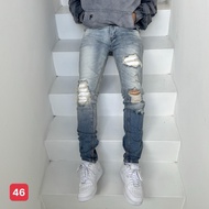 Men's blue ripped jeans with 2 colors and white leather patches, high quality men's jeans with light