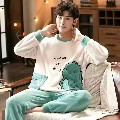 Cartoon Green Dinosaur Design Pajamas for Men Korean Kawaii Cute Letter Print Men's Pajamas 2024 Aut