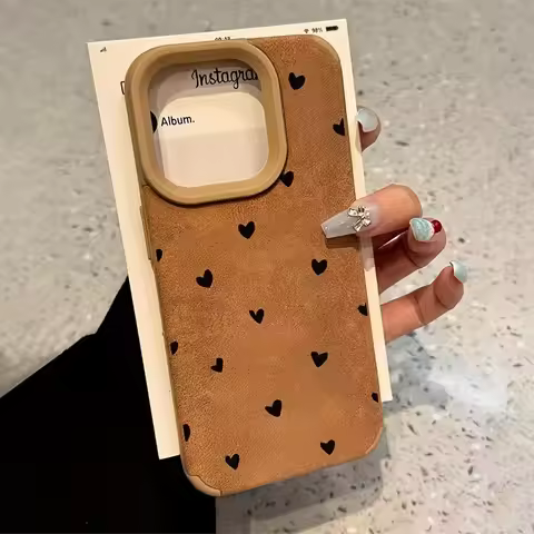 Small Love Heart Luxury Matte Lambskin Faux Leather Phone Case For iPhone 18 17 16 Pro Max 15 14 Plu