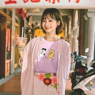 OB Miss Cat.walking Eat Cat Printed Pure Cotton Short-Sleeved Top < IC0063 >