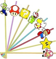 24 Pack Super Bros Reusable Straws Anime Theme Mario Cocktail Drink Straws with 2 Cleaning Brushes 8 Designs for Super Bros Mario Theme Birthday Party Favor Supplies 6 color Straws
