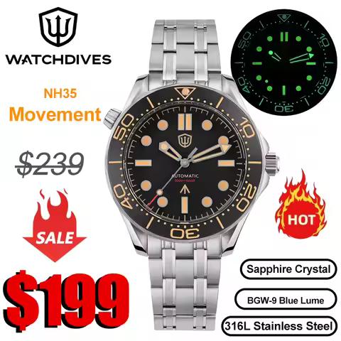Watchdives WD007 39mm NTTD Dive Watch NH35 Movement Domed Sapphire 20Bar Waterproof Fly Adjustment C