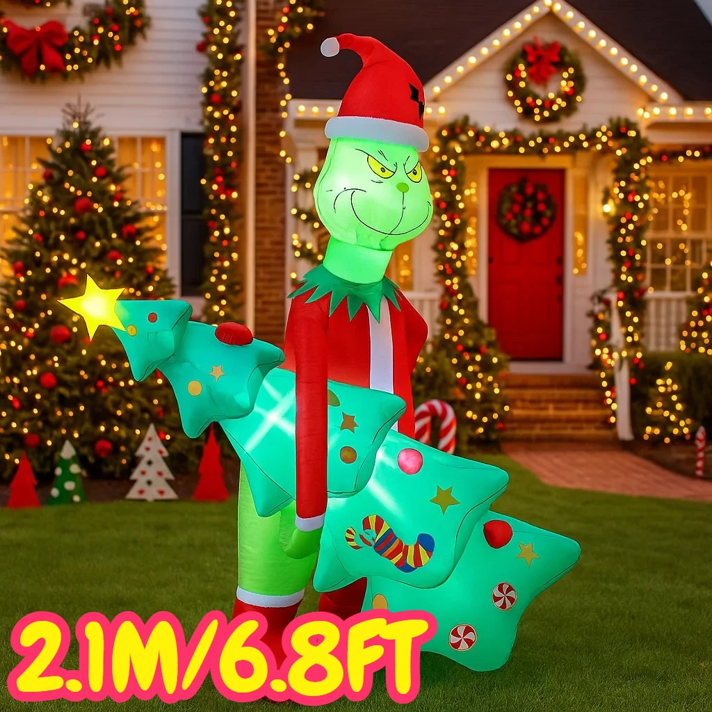 cod 2.1M/6.8FT Christmas Decorations Inflatable Toy Grinch Holding Christmas Trees Home Yard Ornamen