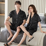 [Spot]Couple unisex silk plain short sleeve terno pajama set plus size night sleepwear for women