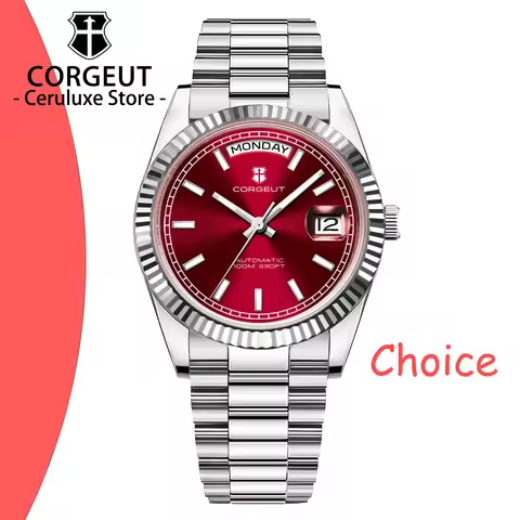CORGEUT NH36 Mechanical Men's Watch Date of the Week Show President Chain Strap Steel Case Watch Thr
