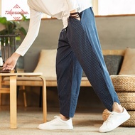 Chinese Style Striped Harem Pants Mens Breathable Cotton Linen Wide Leg Pants Bifurcation Casual Bloomers Fashion Trousers