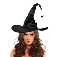 MSIA Ready Stock/ Halloween Witch Hat Black Ruched Wizard Hat Women Girls Wide Brim Pointed Cap with